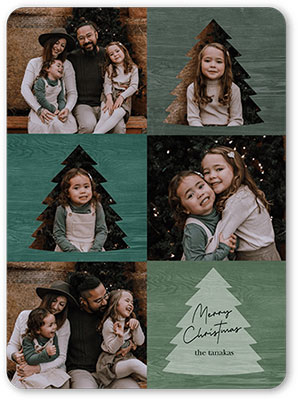 A photo collage Christmas card featuring green Christmas tree cutouts as photo frames