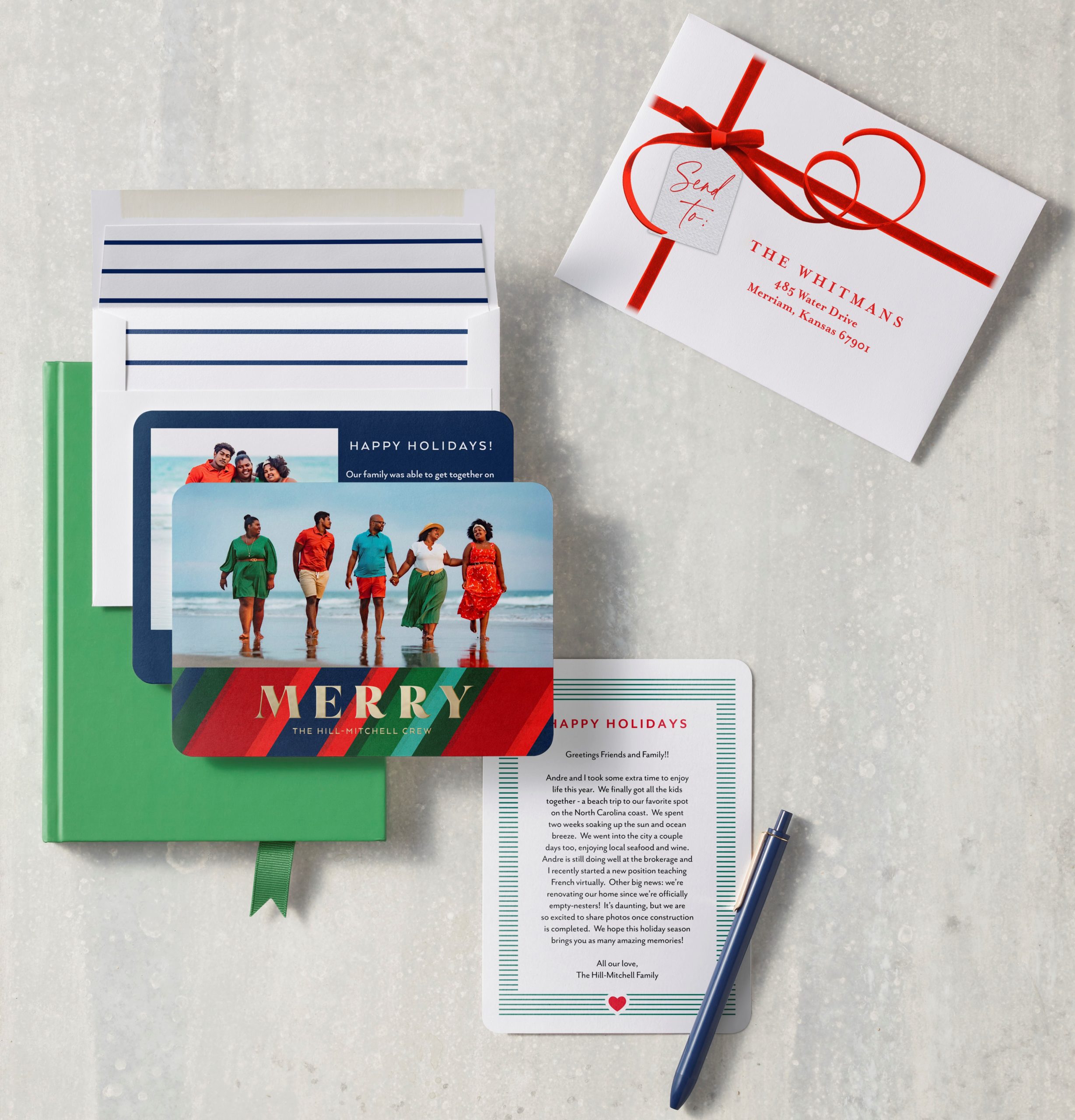 family photo christmas cards with enclosure cards, linned envelope and personalized addressing