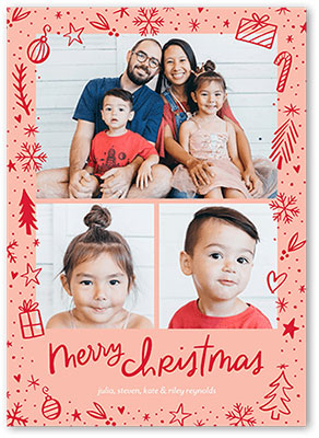 A fun, playful Christmas card with red illustrations of ornaments, stars, snowflakes, candy canes, presents and family photos