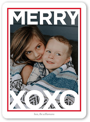 A photo Christmas card with the words Merry XOXO and a modern, thin red frame