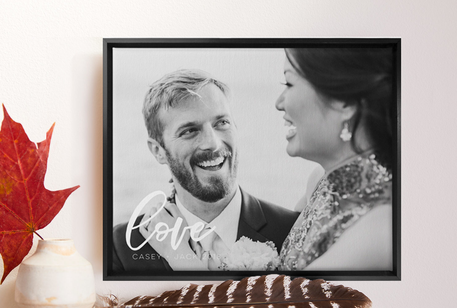 Black and white wedding photo canvas print of young couple for valentine's day