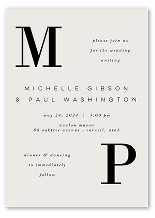 Monogrammed wedding invitation card in black and white