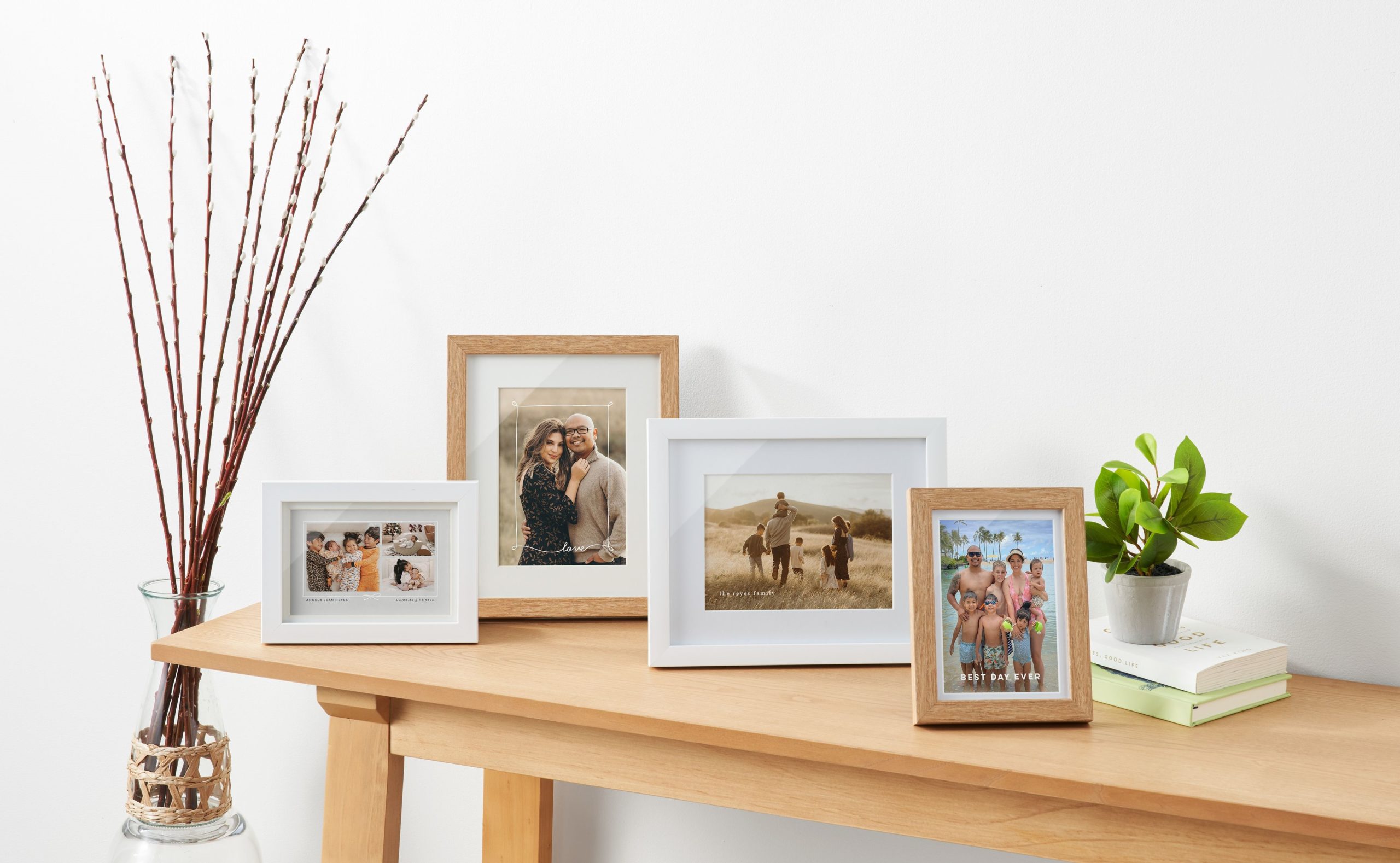 Selection of custom tabletop prints with photos of a couple