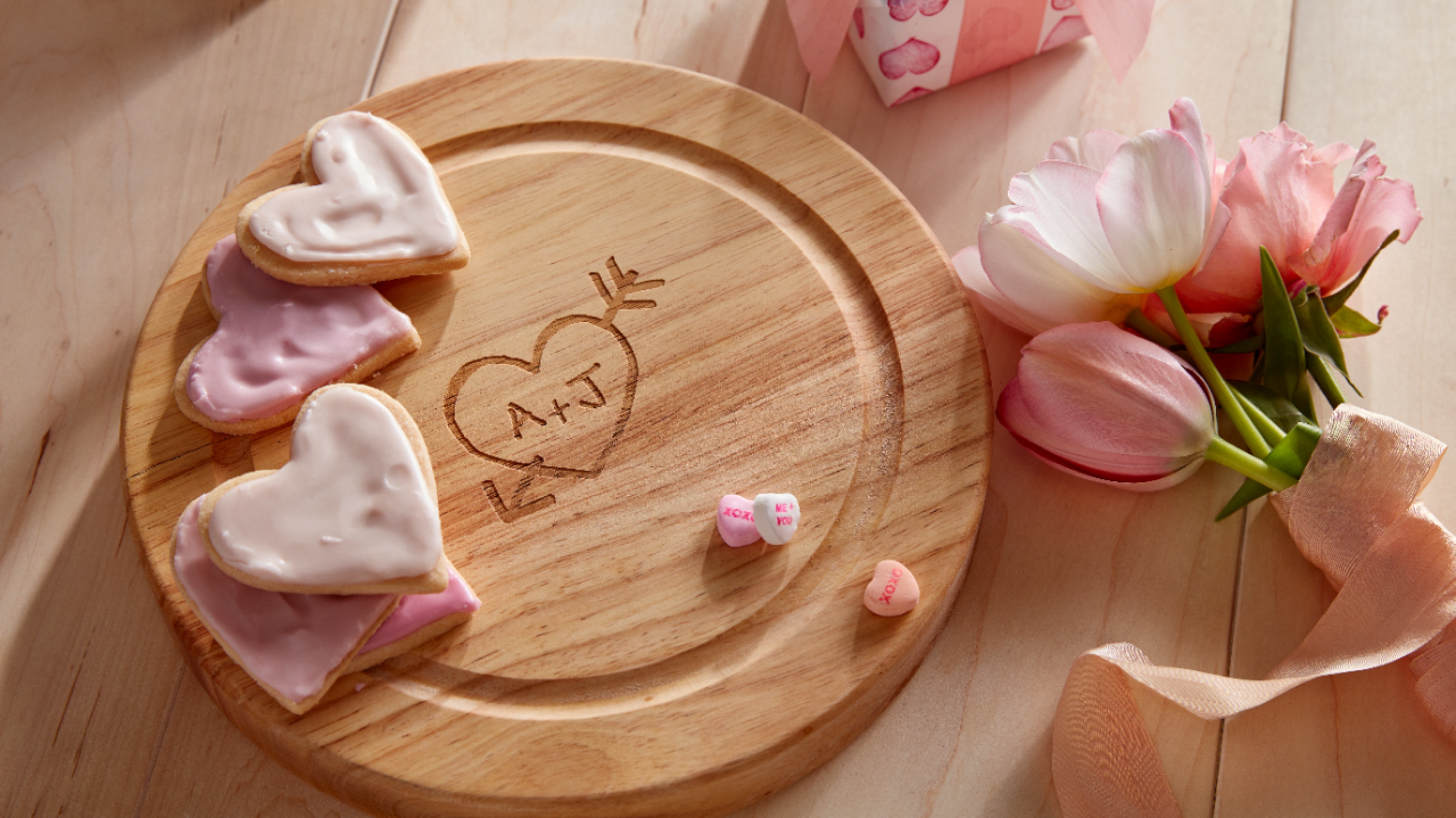 custom cutting board with heart cookies for valentine's day