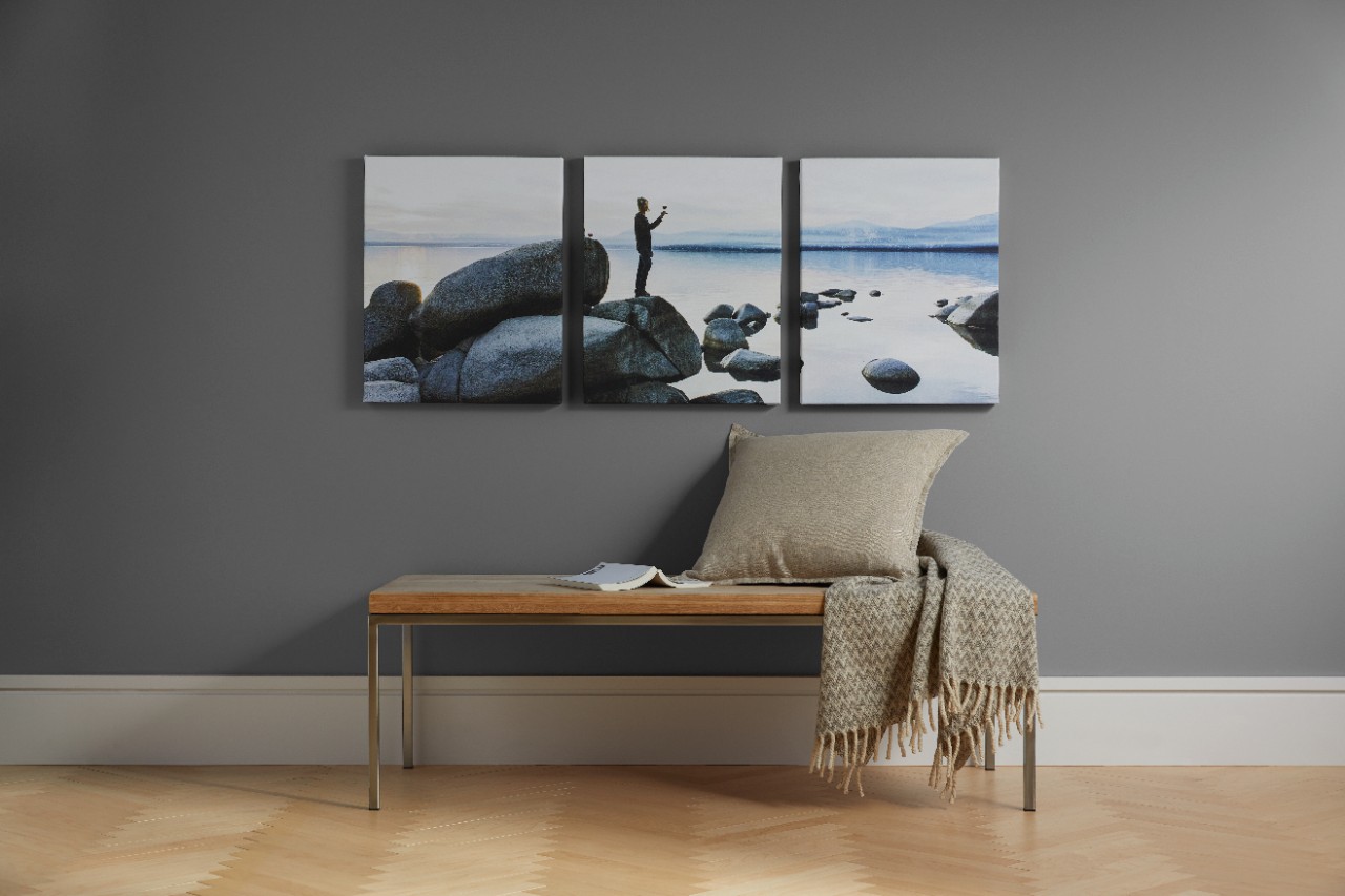 Panoramic canvas prints featuring a lake hanging above a custom pillow