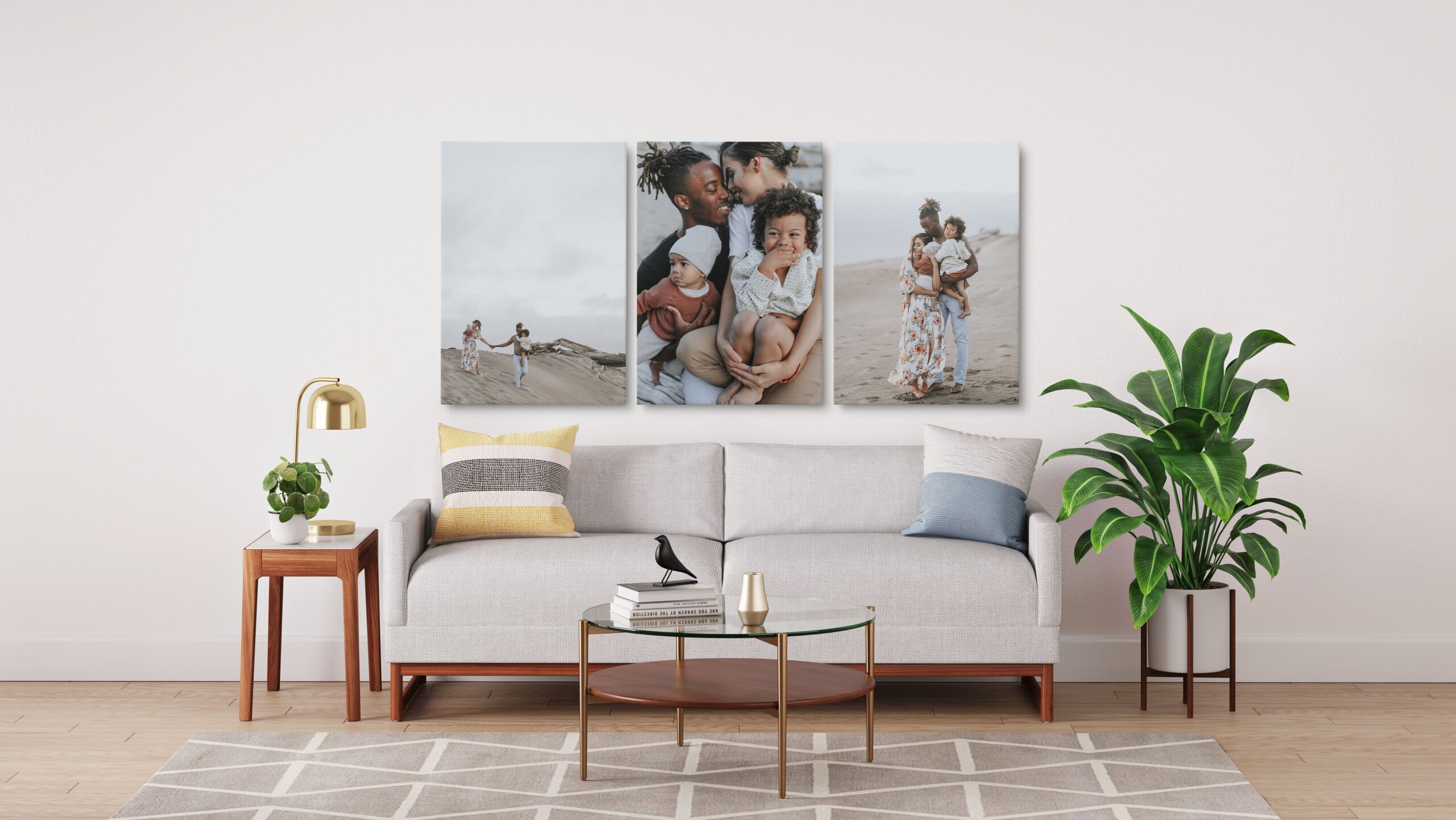 three large canvas prints with family photos